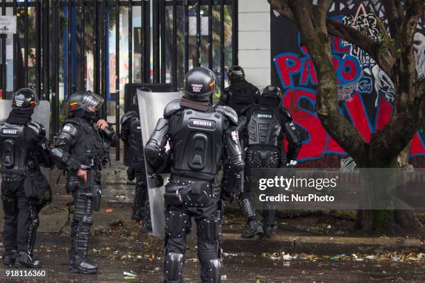 Riot within the National Pedagogical University in Bogota, Colombia, on 13 February 2018. The demonstrations are due to dissatisfaction of the...