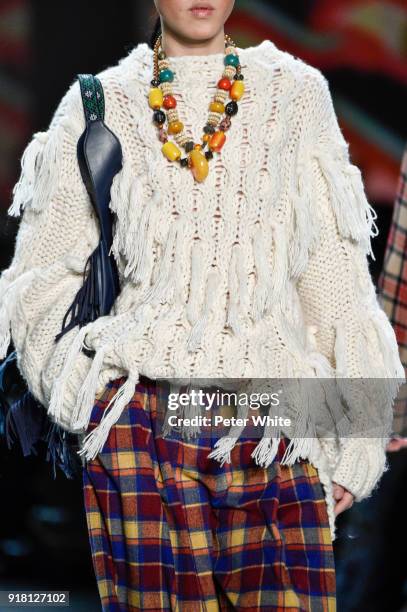 Model, fashion detail, walks the runway at the Vivienne Tam show during New York Fashion Week at Gallery I at Spring Studios on February 13, 2018 in...