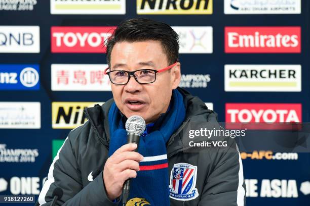 Head coach Wu Jingui of Shanghai Shenhua attends a press conference after the 2018 AFC Champions League Group H match between Kashima Antlers and...