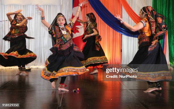 Indian girls representing the state of Rajasthan compete in a traditional Indian folk dance competition held in Mississauga, Ontario, Canada, on...