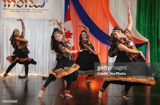 Indian girls representing the state of Rajasthan compete in a traditional Indian folk dance competition held in Mississauga, Ontario, Canada, on...