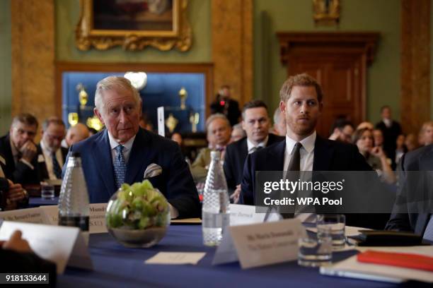 Prince Harry and Prince Charles, Prince of Wales attend the 'International Year of The Reef' 2018 meeting at Fishmongers Hall on February 14, 2018 in...