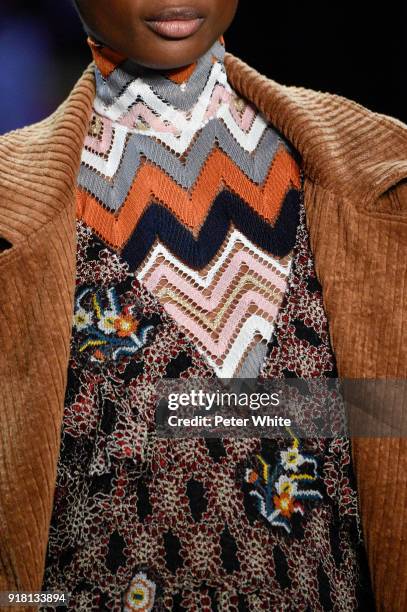 Model, fashion detail, walks the runway at the Vivienne Tam show during New York Fashion Week at Gallery I at Spring Studios on February 13, 2018 in...