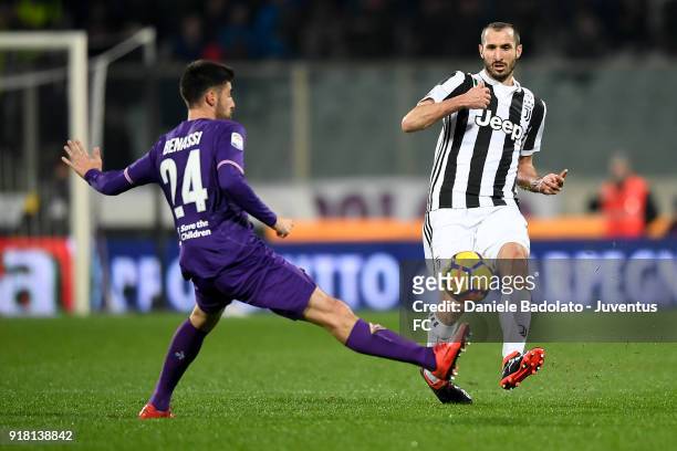 Marco Benassi and Giorgio Chiellini during the serie A match between ACF Fiorentina and Juventus at Stadio Artemio Franchi on February 9, 2018 in...