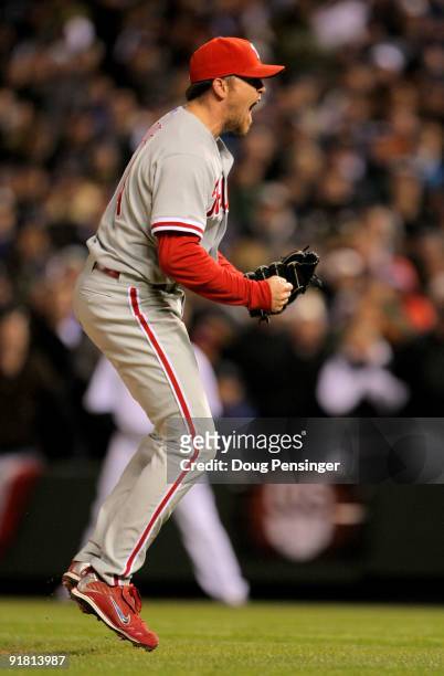 Pitcher Brad Lidge of the Philadelphia Phillies celebrates after the final out against the Colorado Rockies in Game 4 of their National League...