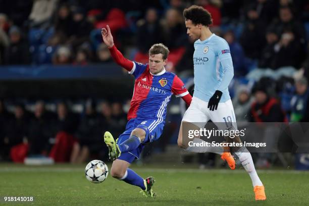 Fabian Frei of FC Basel, Leroy Sane of Manchester City during the UEFA Champions League match between Fc Basel v Manchester City at the St....