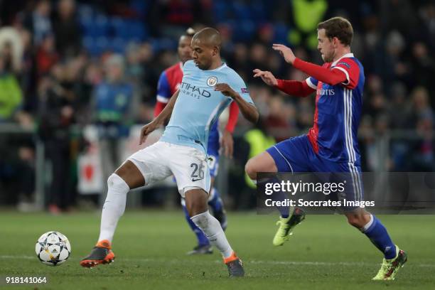 Fernandinho of Manchester City, Fabian Frei of FC Basel during the UEFA Champions League match between Fc Basel v Manchester City at the St....