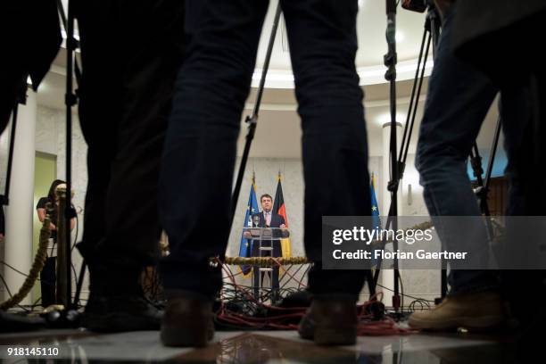 German Foreign Minister Sigmar Gabriel speak to the media after his meeting with Aleksandar Vucic , President of Serbia, on February 14, 2018 in...