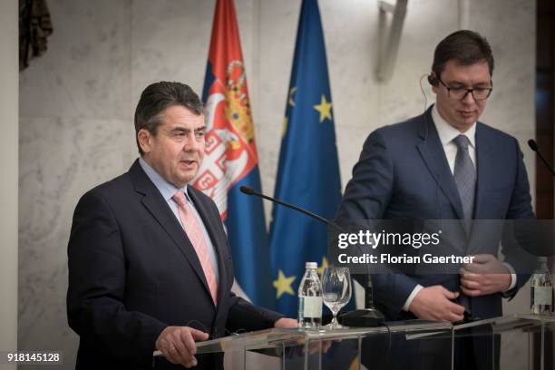 German Foreign Minister Sigmar Gabriel and Aleksandar Vucic, President of Serbia, speak to the media on February 14, 2018 in Belgrade, Serbia....