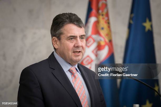 German Foreign Minister Sigmar Gabriel speak to the media after his meeting with Aleksandar Vucic , President of Serbia, on February 14, 2018 in...