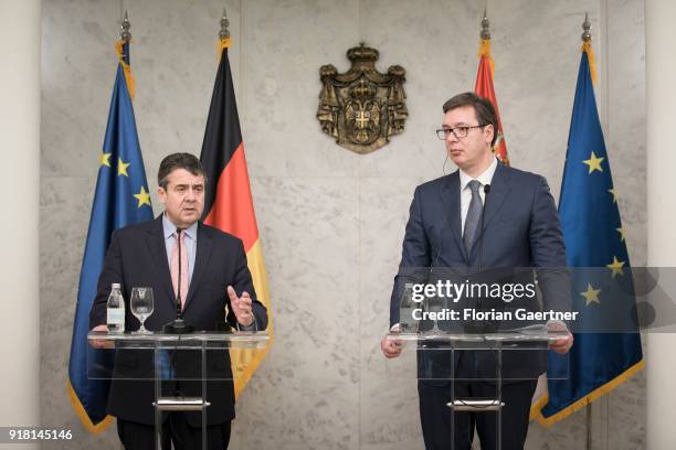 German Foreign Minister Sigmar Gabriel and Aleksandar Vucic, President of Serbia, speak to the media on February 14, 2018 in Belgrade, Serbia....