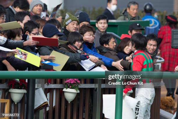 Jockey Daichi Shibata celebrates after Cosmo Johanne winning Race 4 at Nakayama Racecourse on December 28, 2014 in Funabashi, Chiba, Japan.