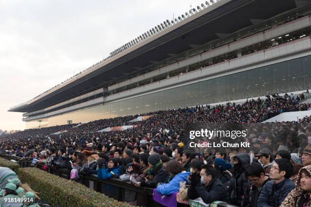 General view of the main stand at Nakayama Racecourse on December 27, 2015 in Funabashi, Chiba, Japan. More than 115,000 people attend the Arima...