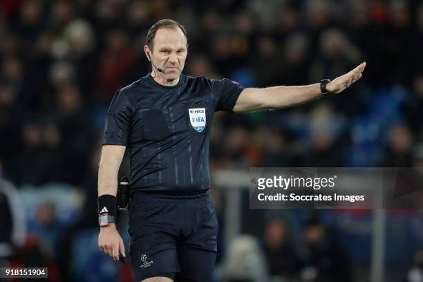 Referee Jonas Eriksson during the UEFA Champions League match between Fc Basel v Manchester City at the St. Jakob-Park on February 13, 2018 in Basel...