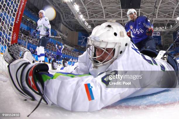 Gasper Kroselj of Slovenia gives up a goal to Jordan Greenway of the United States in the second period during the Men's Ice Hockey Preliminary Round...