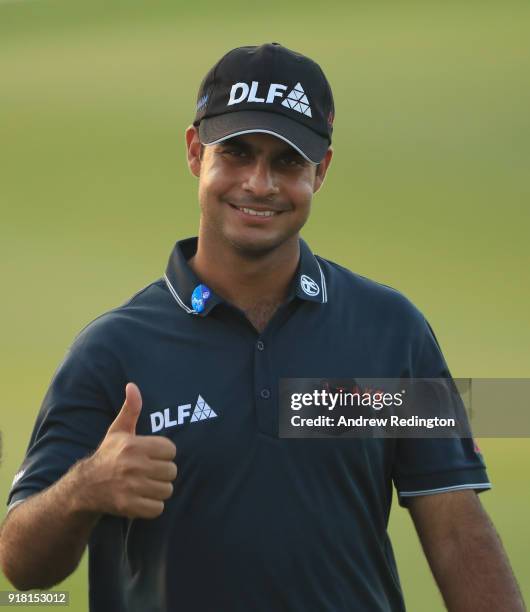 Shubhankar Sharma of India in action during the Pro Am prior to the start of the NBO Oman Open at Al Mouj Golf on February 14, 2018 in Muscat, Oman.