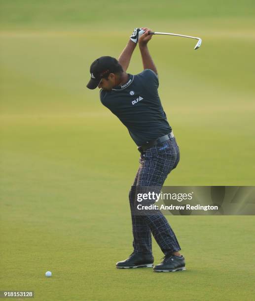 Shubhankar Sharma of India in action during the Pro Am prior to the start of the NBO Oman Open at Al Mouj Golf on February 14, 2018 in Muscat, Oman.