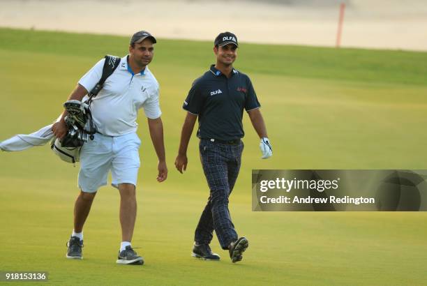 Shubhankar Sharma of India in action during the Pro Am prior to the start of the NBO Oman Open at Al Mouj Golf on February 14, 2018 in Muscat, Oman.