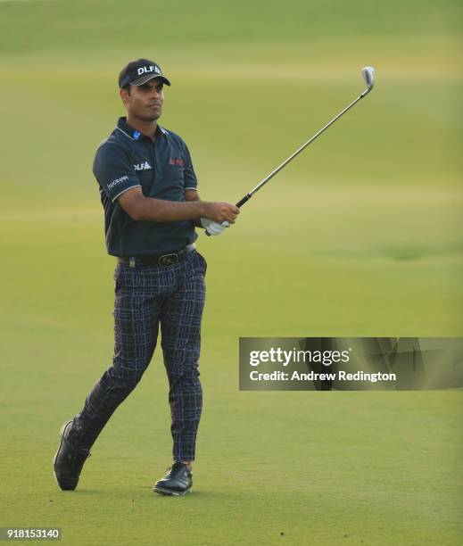 Shubhankar Sharma of India in action during the Pro Am prior to the start of the NBO Oman Open at Al Mouj Golf on February 14, 2018 in Muscat, Oman.