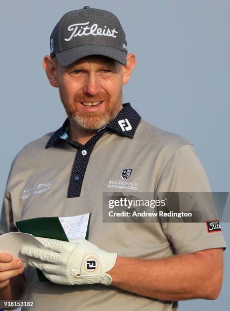 Stephen Gallacher of Scotland in action during the Pro Am prior to the start of the NBO Oman Open at Al Mouj Golf on February 14, 2018 in Muscat,...