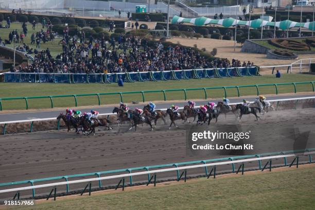 Jockeys compete the Race 8 Farewell Stakes at Nakayama Racecourse on December 28, 2014 in Funabashi, Chiba, Japan.