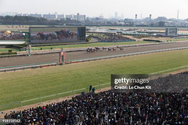 Jockeys compete the Race 8 Farewell Stakes at Nakayama Racecourse on December 28, 2014 in Funabashi, Chiba, Japan. More than 115,000 people attend...