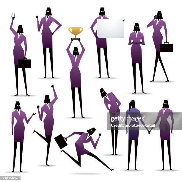 isolated simple geometry businesswomen silhouette icon set with shadow - taking a bow stock illustrations