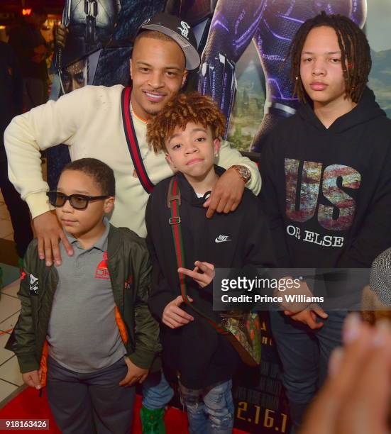 Major Harris, Clifford Harris III and Domani Harris attend "Black Panther" Advance screeing at Regal Hollywood on February 13, 2018 in Chamblee,...