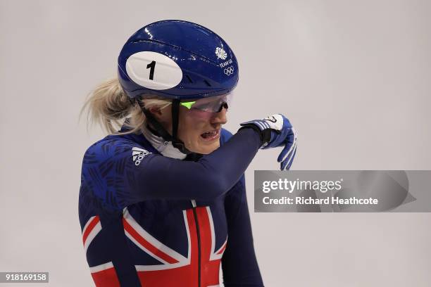 Elise Christie of Great Britain reacts after crashing during the Ladies' 500m Short Track Speed Skating final on day four of the PyeongChang 2018...