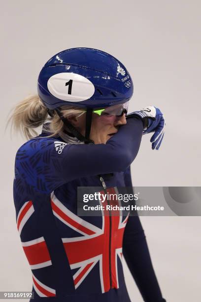 Elise Christie of Great Britain reacts after crashing during the Ladies' 500m Short Track Speed Skating final on day four of the PyeongChang 2018...