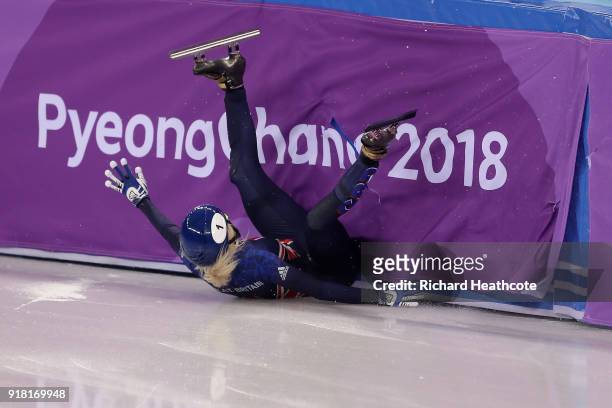 Elise Christie of Great Britain crashes during the Ladies' 500m Short Track Speed Skating final on day four of the PyeongChang 2018 Winter Olympic...