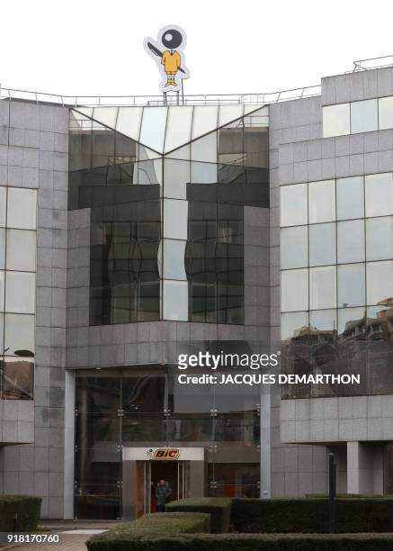 General view taken on February 14, 2018 shows the logo of Bic, French maker of lighters, pens and razors, on the company's headquarters, in Clichy,...