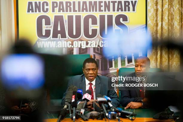 Treasurer General of the ruling African National Congress Paul Mashatile , and Parliamentary Chief-Whip of the ANC Jackson Mthembu speak during a...