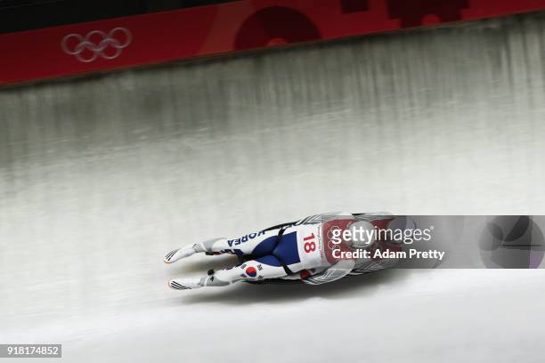 Jinyong Park and Jung Myung Cho of Korea slide during the Luge Doubles run 2 on day five of the PyeongChang 2018 Winter Olympics at the Olympic...