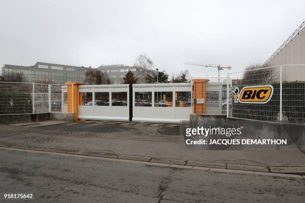 General view taken on February 14, 2018 shows the headquarters of Bic, French maker of lighters, pens and razors, in Clichy, near Paris. The...