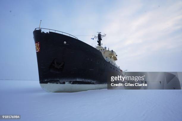 View of the Icebreaker 'Sampo' stopped in the the arctic ice. The 'Sampo' is an Ice-breaker that was built in 1961 by the Finnish Government and...