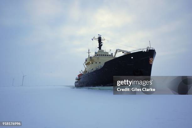 View of the Icebreaker 'Sampo' stopped in the the arctic ice. The 'Sampo' is an Ice-breaker that was built in 1961 by the Finnish Government and...