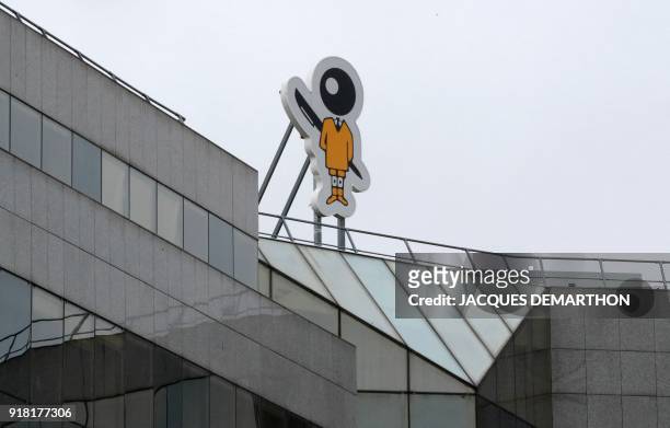 General view taken on February 14, 2018 shows the logo of Bic, French maker of lighters, pens and razors, on the company's headquarters, in Clichy,...
