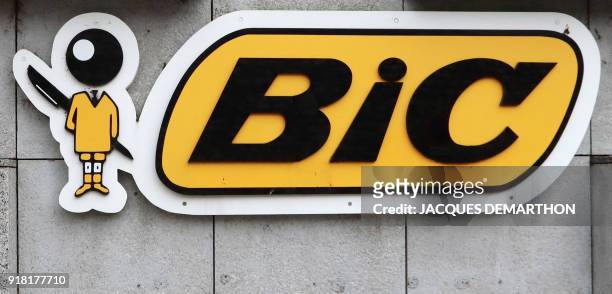 The logo of Bic, French maker of lighters, pens and razors, is pictured at the company's headquarters, in Clichy, near Paris, on February 14, 2018....