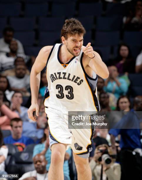 Marc Gasol of the Memphis Grizzlies points down court during a game against the Orlando Magic on October 12, 2009 at FedExForum in Memphis,...