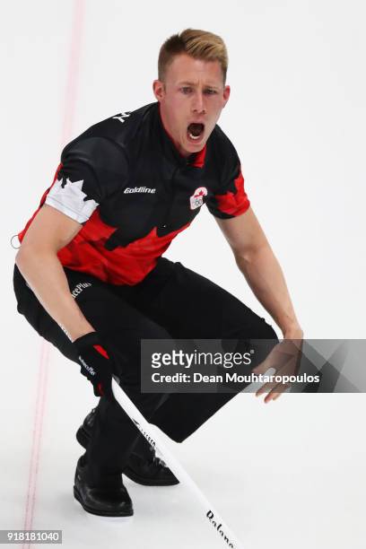 Marc Kennedy of Canada competes in the Curling Men's Round Robin Session 1 held at Gangneung Curling Centre on February 14, 2018 in Gangneung, South...