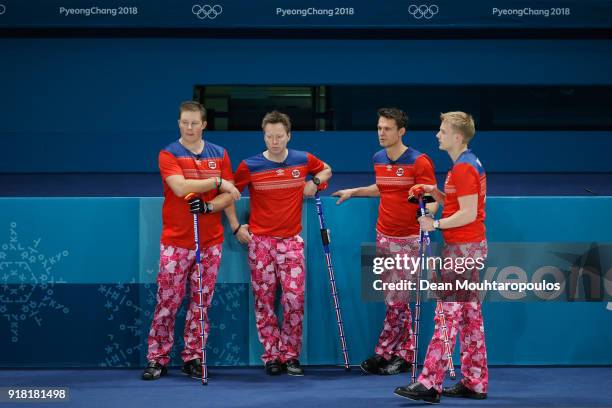 Christoffer Svae, Torger Nergard, Thomas Ulsrud and Havard Vad Petersson of Norway compete in the Curling Men's Round Robin Session 1 held at...