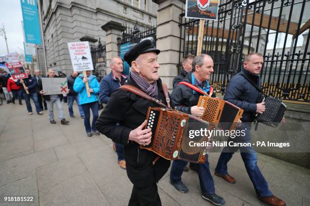 Tory islanders, led by the King of Tory Patsy Dan Rodgers , protest outside Leinster House in Dublin against the government's decision to award a...