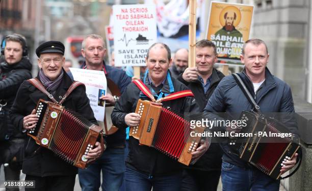 Tory islanders, led by the King of Tory Patsy Dan Rodgers , protest outside Leinster House in Dublin against the government's decision to award a...
