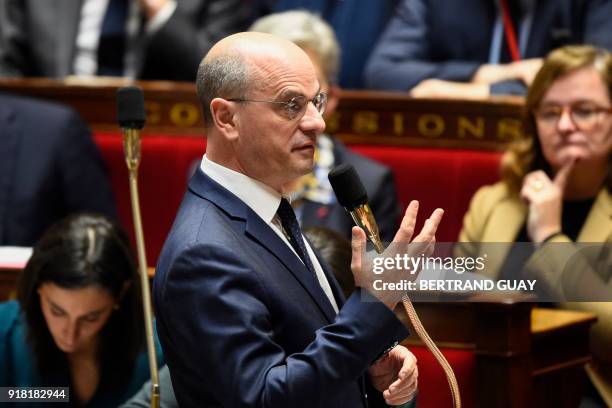 French Education Minister Jean-Michel Blanquer speaks during a session of questions to the government on February 14, 2018 at the French National...