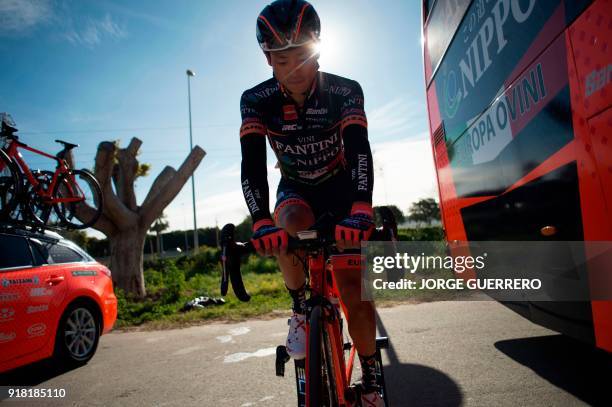 Nippo-Vini Fantini's Japanese cyclist Sho Hatsuyama prepares prior to the first stage of the "Ruta del Sol" tour, a 197,6 km ride from Mijas to...