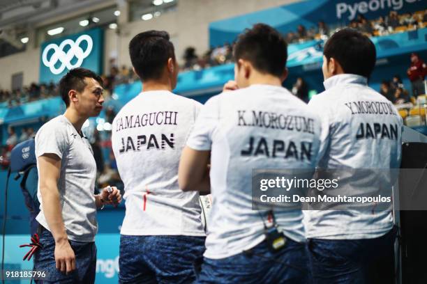 Yusuke Morozumi, Tsuyoshi Yamaguchi and Kosuke Morozumi of Japan compete in the Curling Men's Round Robin Session 1 held at Gangneung Curling Centre...