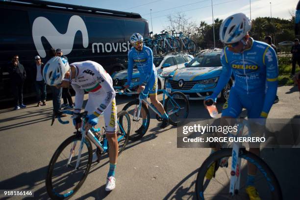 Delko Marseille Provence KTM's cyclist Letonian Gatis Smukulis, Spanish Javier Moreno and Bulgarian Nikolay Mihaylov wait for the start of the first...