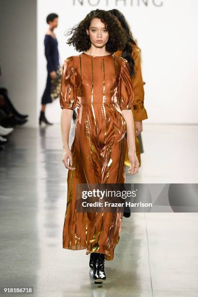 Model walks the runway for All Comes From Nothing during New York Fashion Week: The Shows at Gallery II at Spring Studios on February 14, 2018 in New...