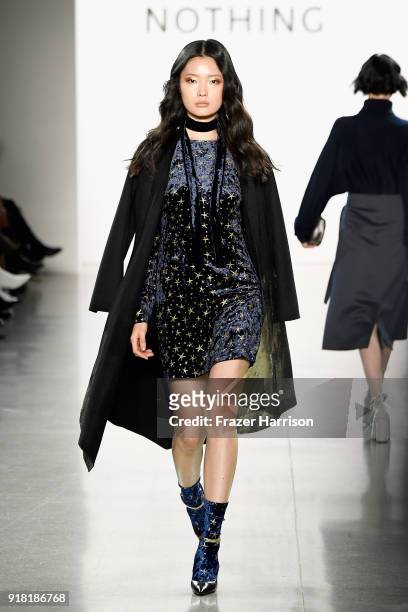 Model walks the runway for All Comes From Nothing during New York Fashion Week: The Shows at Gallery II at Spring Studios on February 14, 2018 in New...